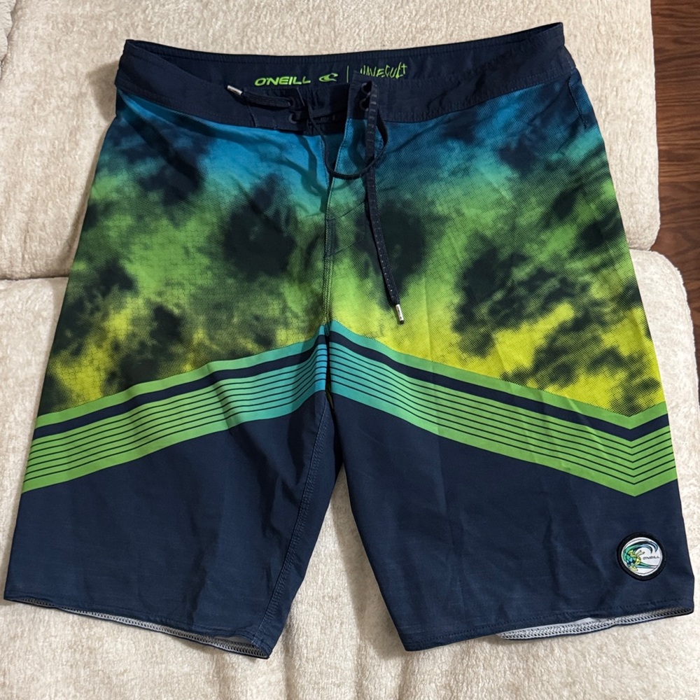 O'Neill Men's WaveCult Hyperfreak Blue, Green, and Yellow Board Shorts